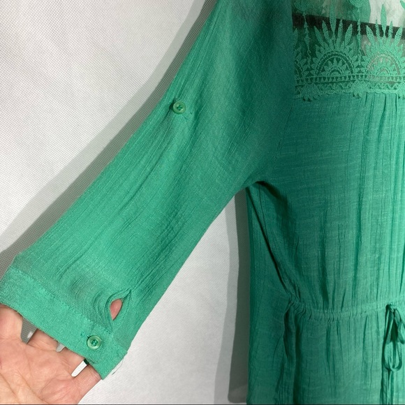 Pearl Sheer Top 3/4 Sleeves Button V-Neck with back Tie String Mint Green - Picture 6 of 11